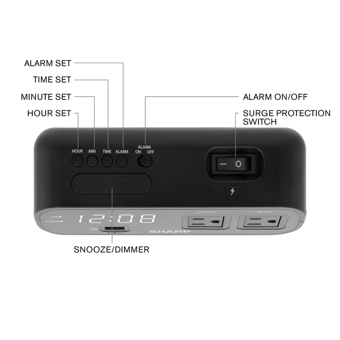 SHARP Digital Alarm Clock, 2 AMP USB Fast Charge Port, 2 x AC Power Outlets, White LED Display