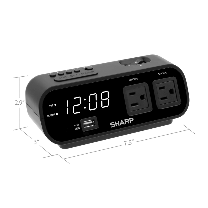 SHARP Digital Alarm Clock, 2 AMP USB Fast Charge Port, 2 x AC Power Outlets, White LED Display