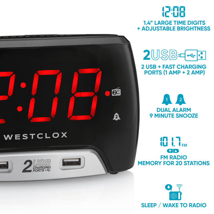 Westclox Large 1.4' Red LED Digital FM Clock Radio 2 USB Charging Port with Fast Charge