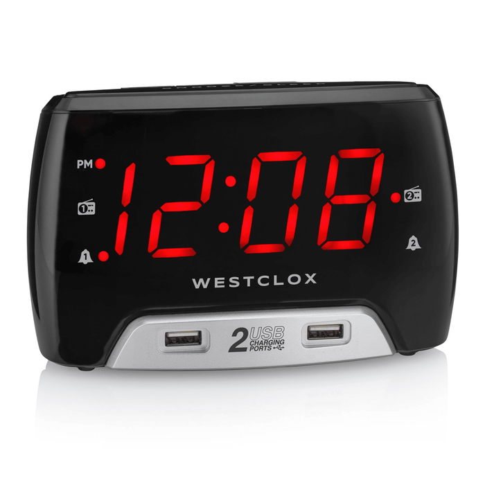 Westclox Large 1.4' Red LED Digital FM Clock Radio 2 USB Charging Port with Fast Charge