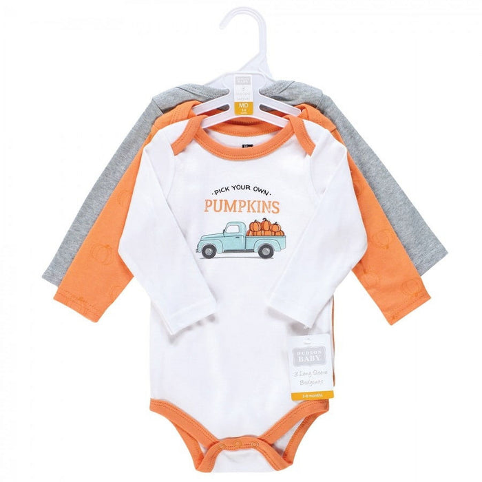 Hudson Baby Infant Boy Cotton Long-Sleeve Bodysuits, Pumpkin Truck 3-Pack, 0-3 Months