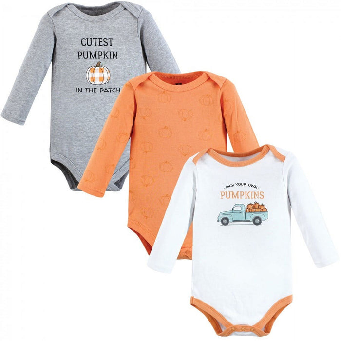 Hudson Baby Infant Boy Cotton Long-Sleeve Bodysuits, Pumpkin Truck 3-Pack, 0-3 Months