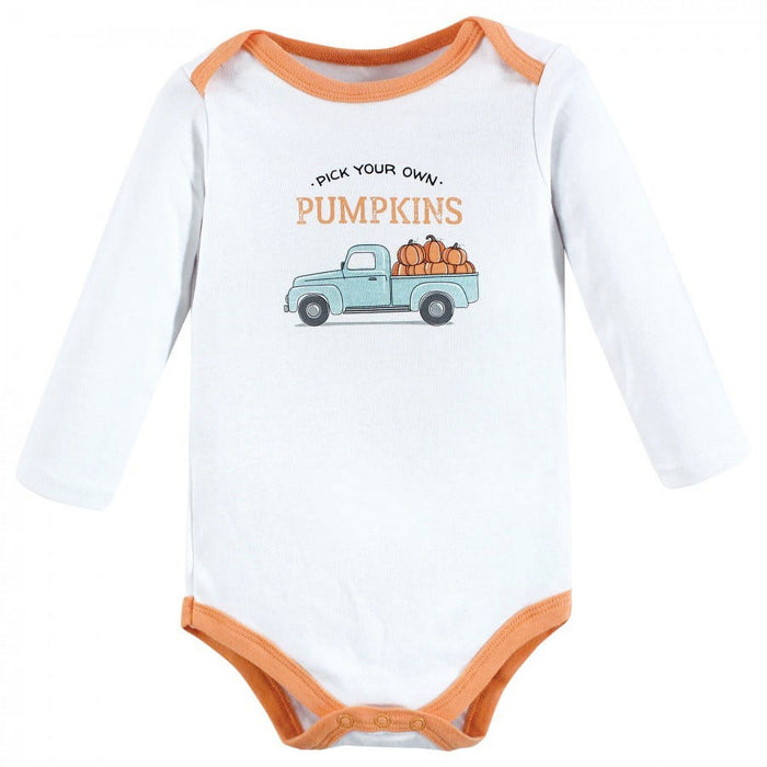 Hudson Baby Infant Boy Cotton Long-Sleeve Bodysuits, Pumpkin Truck 3-Pack, 0-3 Months