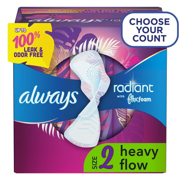 Always Radiant Feminine Pads for Women Heavy with Wings Scented; 26 Ct Size 2