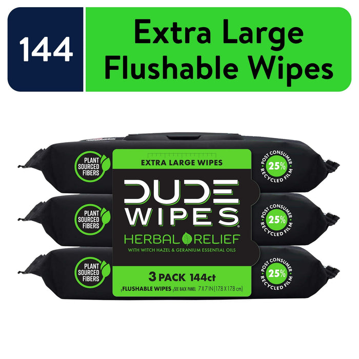 DUDE Wipes Flushable Wipes, XL Wet Wipes for at Home Use, Herbal Relief, 144 Count