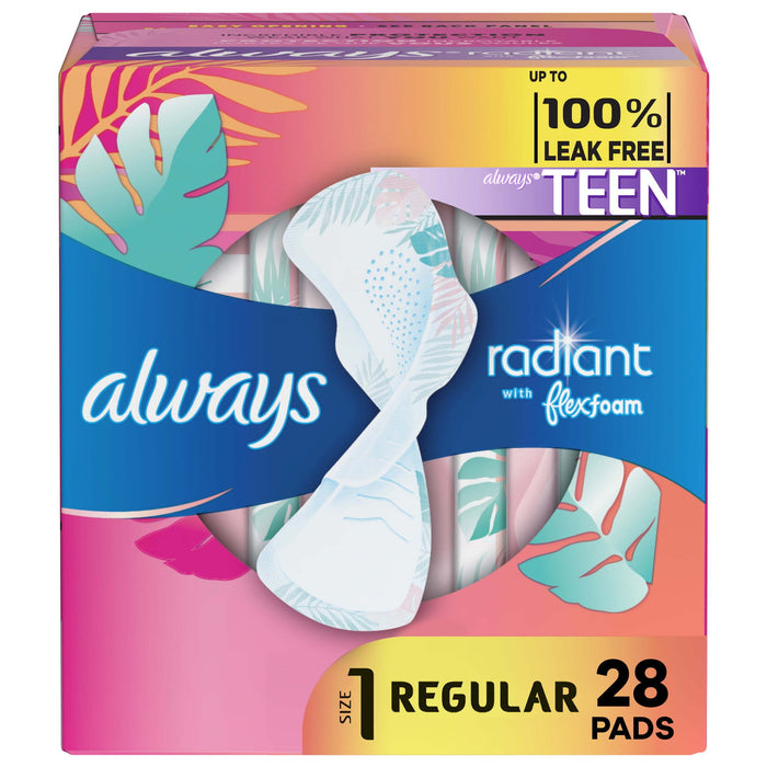 Always Radiant Teen Feminine Pads with Flex Foam with Wings; Unscented 28 Ct Size 1