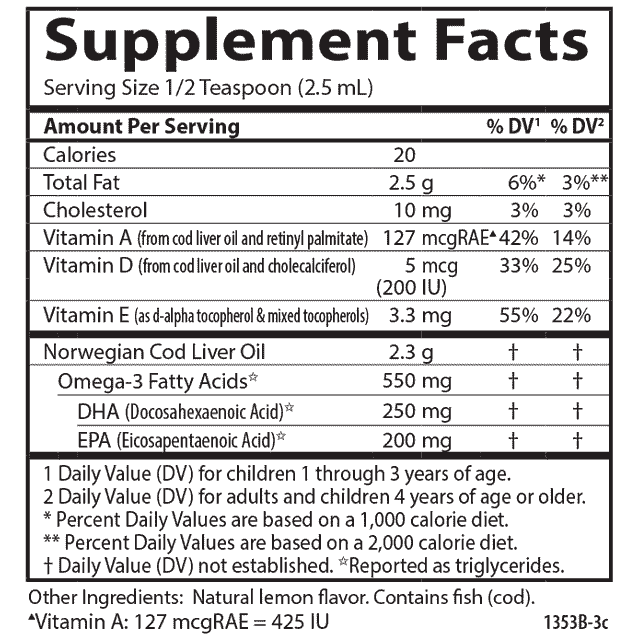 Carlson Kid's Norwegian Cod Liver Oil + Vitamin A & D3 Liquid, 550 mg Omega-3, Lemon, 8.4 Fl Oz.