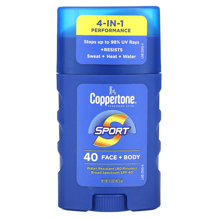 Coppertone Sport 4-in-1 Performance Face + Body Broad Spectrum Sunscreen Stick, SPF 40, 1.5 Oz
