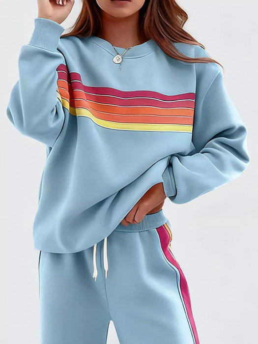 Striped Round Neck Sweatshirt and Pants Set
