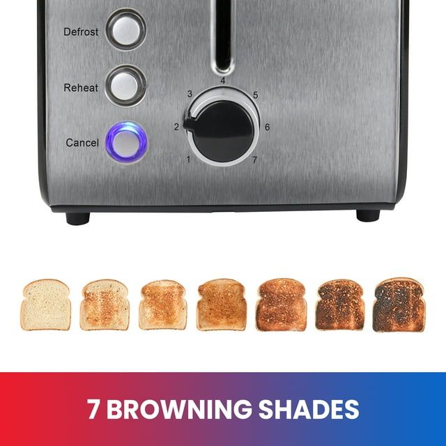 Total Chef 2 Slice Compact Wide Slot Toaster with 7 Shade Settings, Stainless Steel, Defrost and Reheat, Removable Crumb Tray, Easy to Clean, Black and Silver