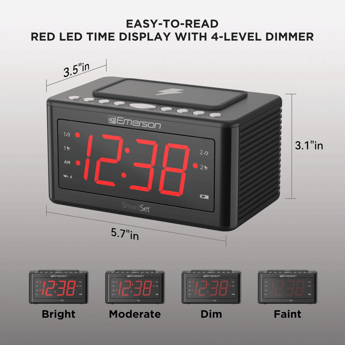 Emerson SmartSet Wireless Charging Alarm Clock Radio, 1.4' Red LED Display and Temperature Sensor, CKSW0555