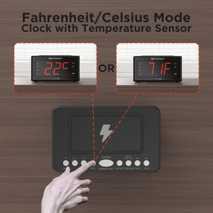 Emerson SmartSet Wireless Charging Alarm Clock Radio, 1.4' Red LED Display and Temperature Sensor, CKSW0555