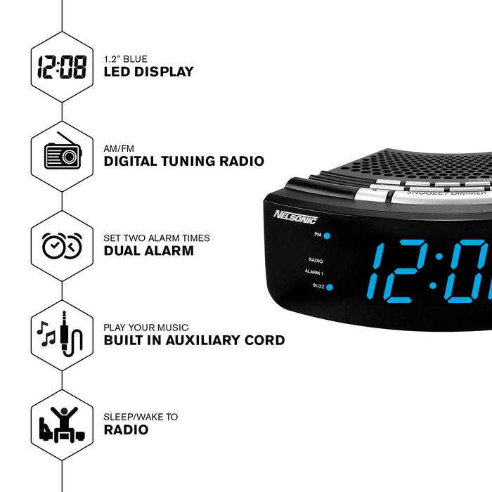 NELSONIC Digital AM/FM Clock Radio with Built in Aux Cord, Black with Blue LED Display