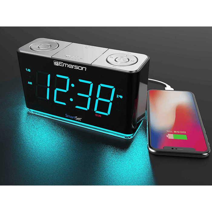 Emerson SmartSet Alarm Clock Radio with Bluetooth Speaker, USB Charger for iPhone and Android, Night Light, and Cyan LED Display