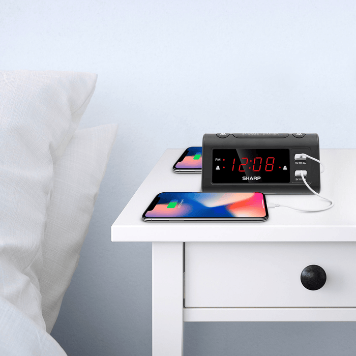 SHARP Dual Alarm Clock with 2 x USB Charge Ports, Black with Red LED Display