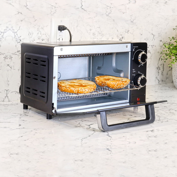 Total Chef 4 Slice Countertop Toaster Oven with Convection 1000W Stainless Steel Baking Rack and Pan, Black