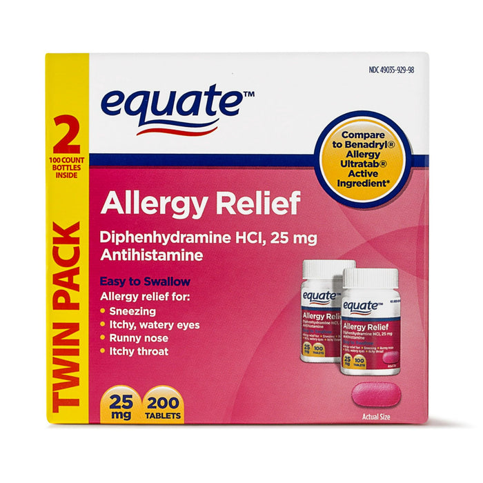 Equate Allergy Relief Diphenhydramine Tablets 25mg; 100 Count; Twin Pack