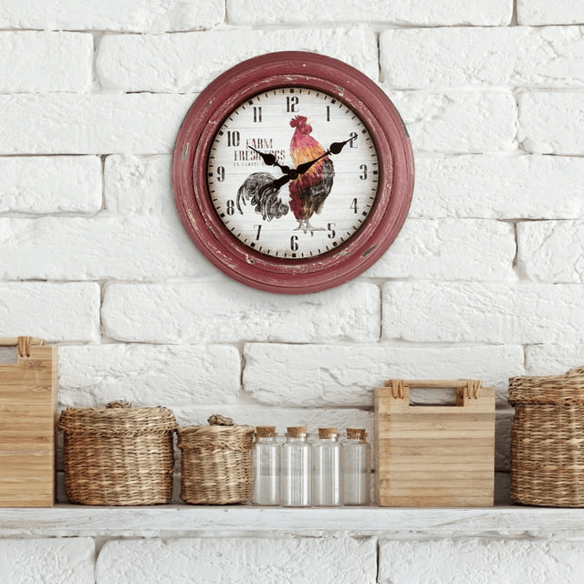 La Crosse Clock 12-inch Red Rooster Distressed Quartz Analog Wall Clock, 404-3630