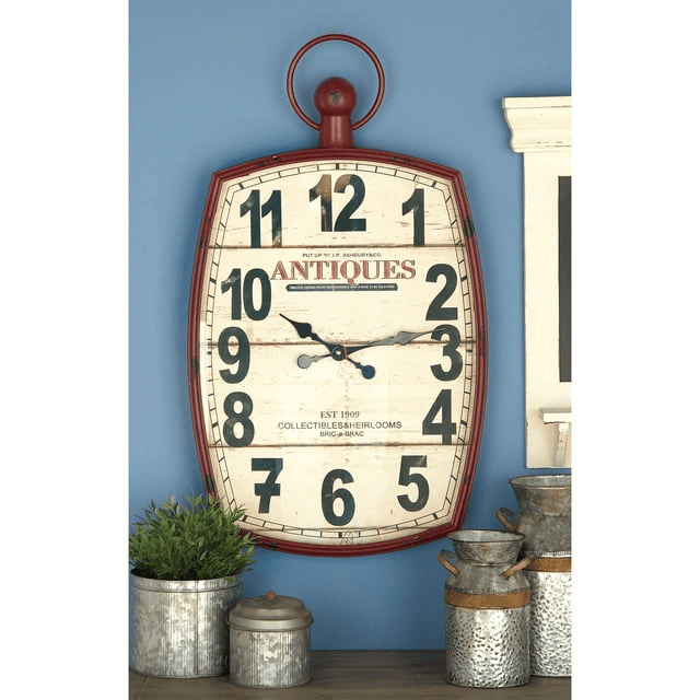 DecMode 19" x 33" Red Metal Pocket Watch Style Wall Clock