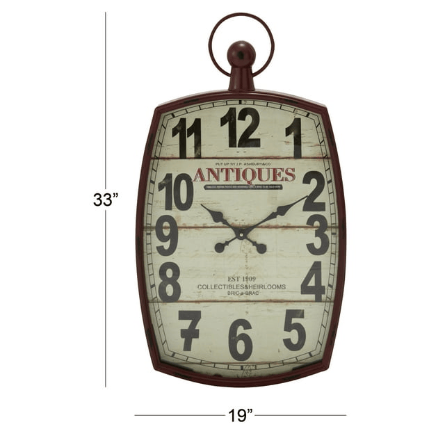 DecMode 19" x 33" Red Metal Pocket Watch Style Wall Clock