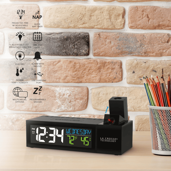 La Crosse Technology Black Pop-up Bar Projection LCD Alarm Clock with USB Port, 616-1950-INT