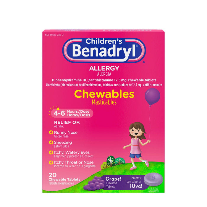 Children's Benadryl Allergy Relief Chewable Tablets; Grape; 20 Count