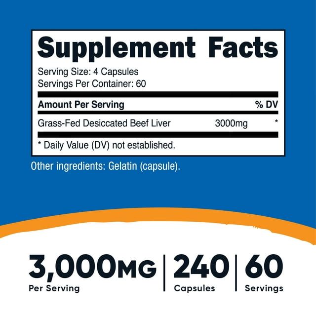 Nutricost Grass Fed Desiccated Beef Liver Supplement 240 Capsules, 3000mg (750mg Per Cap)