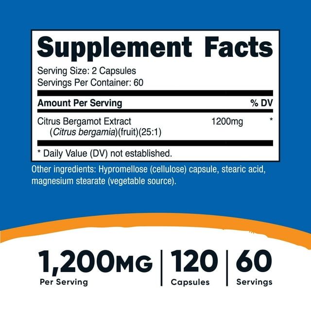 Nutricost Citrus Bergamot Capsules (120 Capsules, 60 Servings / 1,200 Mg Citrus Bergamot Extract Per Serving) | Potent 25:1 Extract - Gluten Free, Vegan Friendly & Non-GMO Supplement