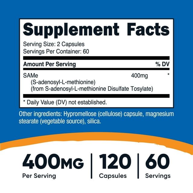 Nutricost SAMe (S-Adenosyl-L-Methionine) Supplement 400mg, 120 Capsules