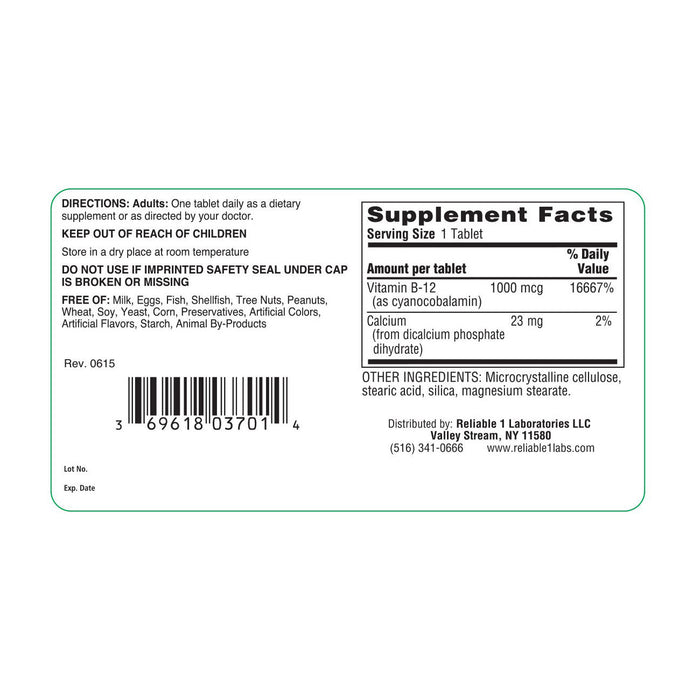 Reliable-1 Laboratories Vitamin B-12 – 1000 mcg (100 Tablets)