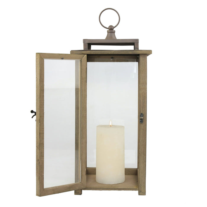 Stonebriar Decorative Rustic Wooden Candle Lantern with Handle and Hinged Door, Large, Brown