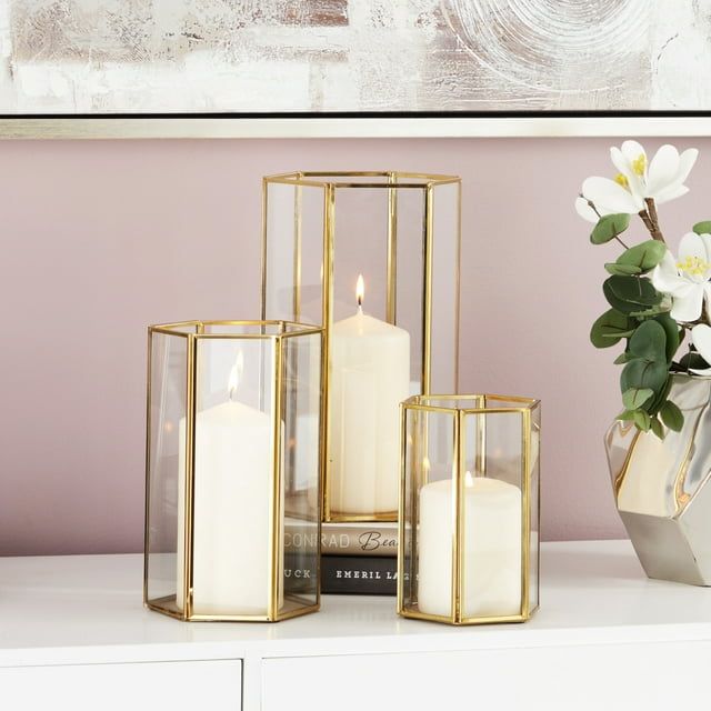 Cosmoliving by Cosmopolitan Set of 3, 6", 8", 10"H Modern Glass Candle Holder/Lantern with Hexagon Silhouette, Metallic Gold Rims and Transparent Glass Panels