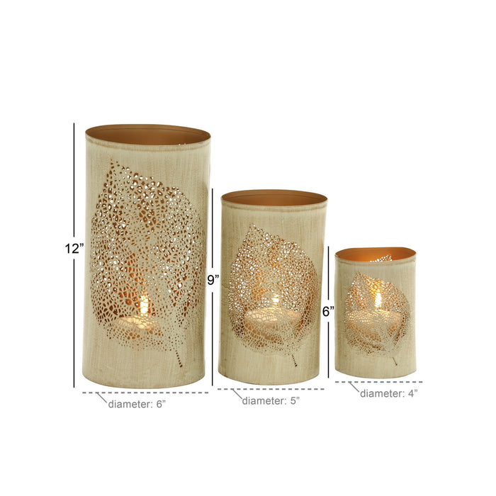 DecMode 3 Holder Gold Metal Leaf Decorative Candle Lantern, Set of 3