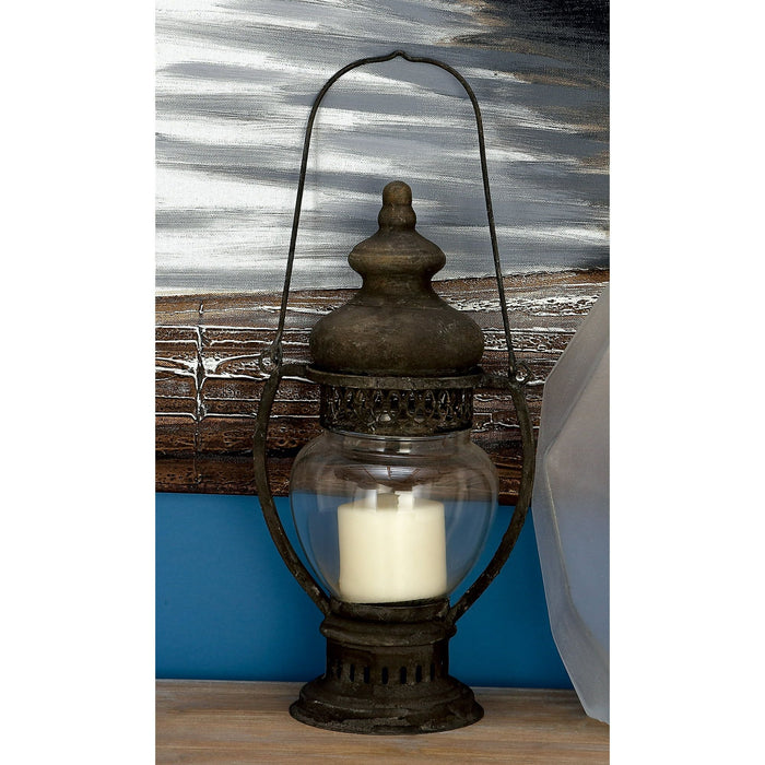 DecMode Brown Metal Decorative Candle Lantern with Handle