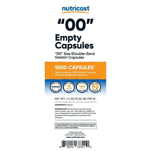 Nutricost Empty Capsules Gelatin Size 00 - 1,000 Clear Empty 00 Gelatin Supplement Capsules