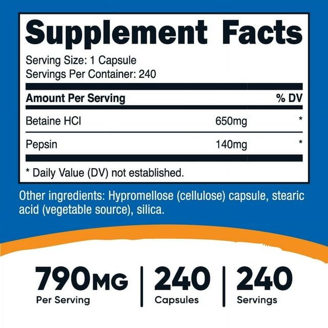 Nutricost Betaine HCl + Pepsin 790mg, 240 Capsules - Gluten Free & Non-GMO Supplement