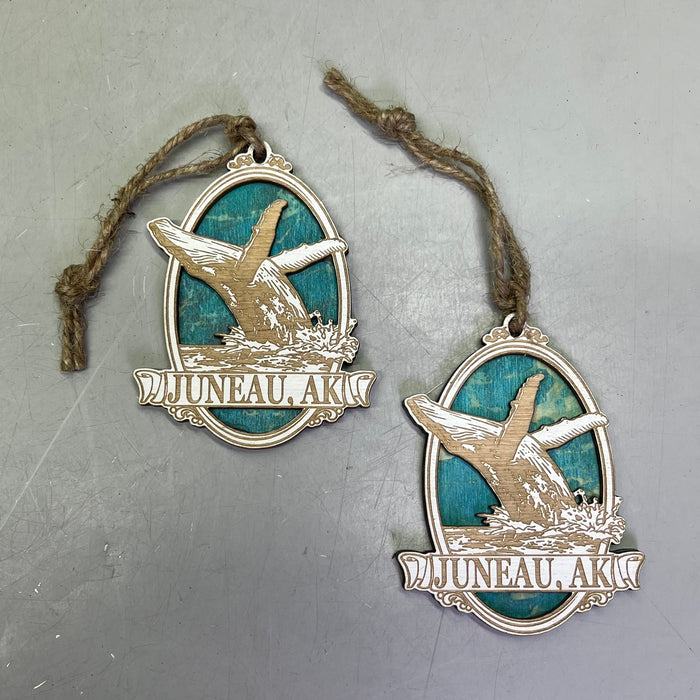 (2 PACK) Blue Whale Laser Cut Wood Collectable Ornament Juneau Alaska Souvenir