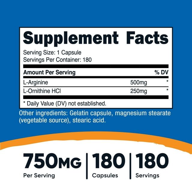 Nutricost L-Arginine L-Ornithine 750mg, 180 Capsules, Supplement