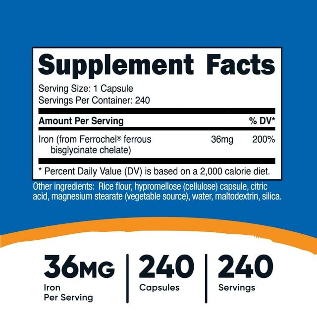 Nutricost Chelated Iron Supplement, As Ferrochel, 36mg, 240 Capsules