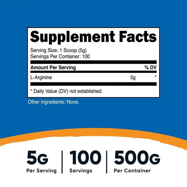 Nutricost L-Arginine Supplement Powder 500 Grams - 5g Per Serving, 100 Servings