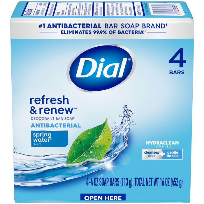 Dial Antibacterial Bar Soap, Refresh & Renew, Spring Water, 4 oz, 4 Bars