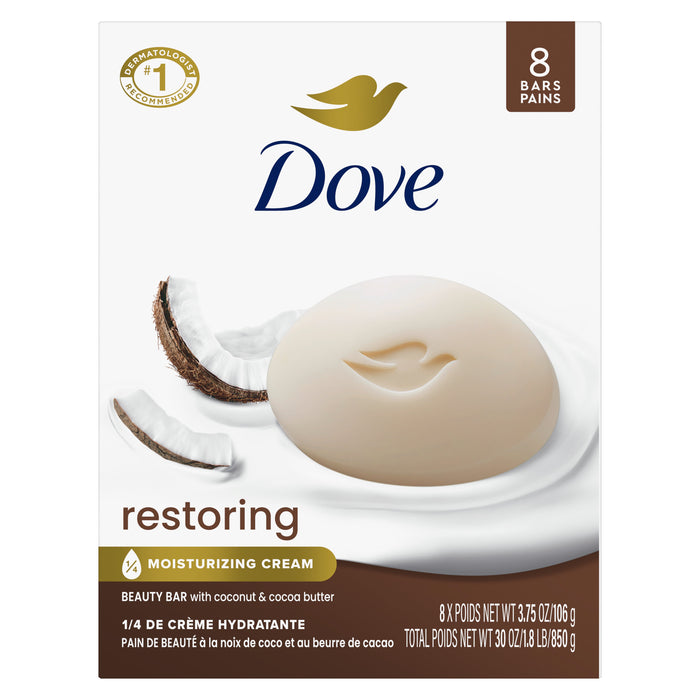 Dove Beauty Bar Soap for Women Restoring Coconut & Cocoa Butter All Skin, 3.75 oz 8 Bars