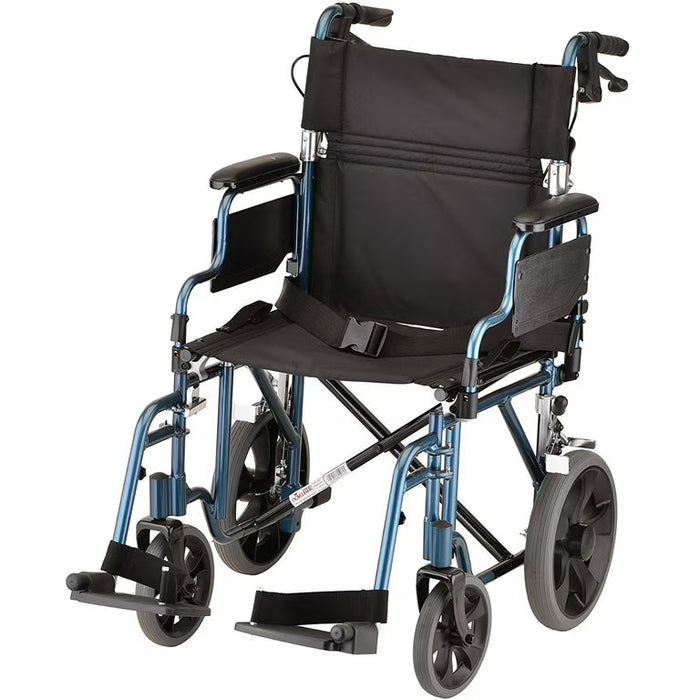 NOVA Lightweight Transport Wheelchair, 12" Rear Wheels, Removable Flip-Up Arms, Anti-Tippers Included, Blue