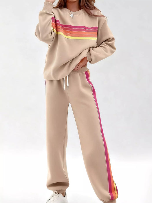 Striped Round Neck Sweatshirt and Pants Set