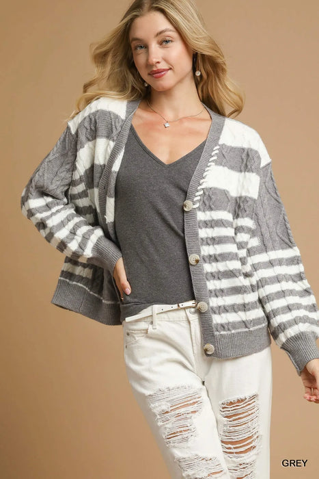 Umgee Cable-Knit Stripe Button-Up Cardigan