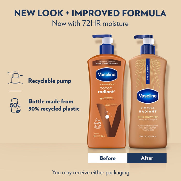 Vaseline Intensive Care Body Lotion for Dry Skin Cocoa Radiant Lotion Made with Ultra-Hydrating Lipids and Pure Cocoa Butter for a Long-Lasting, Radiant Glow, 20.3 fl oz