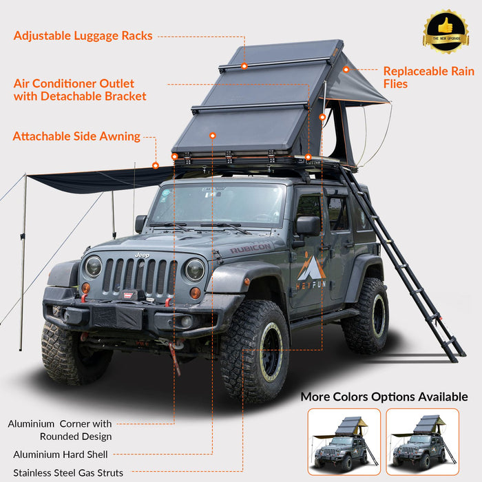 Roll over image to zoom in Adventurer Plus Rooftop Tent Hardshell with Side Awning, Air Conditioner Outlet with Bracket, &Replaceable Rain Flies, Truck Bed Tent for Camping, Pop Up Overland Roof Tents