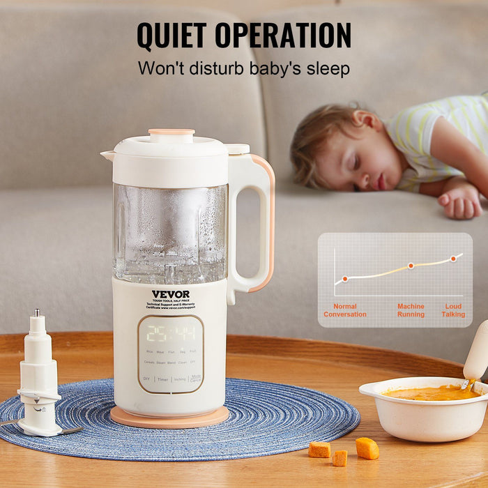 VEVOR Baby Food Maker, 500W Baby Food Processor with 300 ml Glass Bowl, SUS304 Stainless Steel 4-Blade Baby Food Puree Blender Steamer Grinder for Food, Fruit, Vegetable, Meat