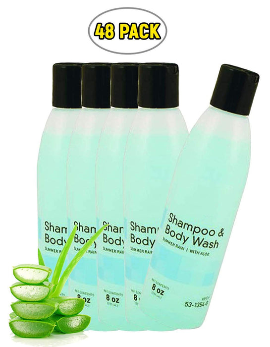 Skin and Hair Cleanser 8 oz. Case of 48 Shampoo & Body Wash with Lanolin, Aloe Vera and collagen. Skin care solution for showers or baths. Natural conditioners & Pleasant Summer Rain Scent.