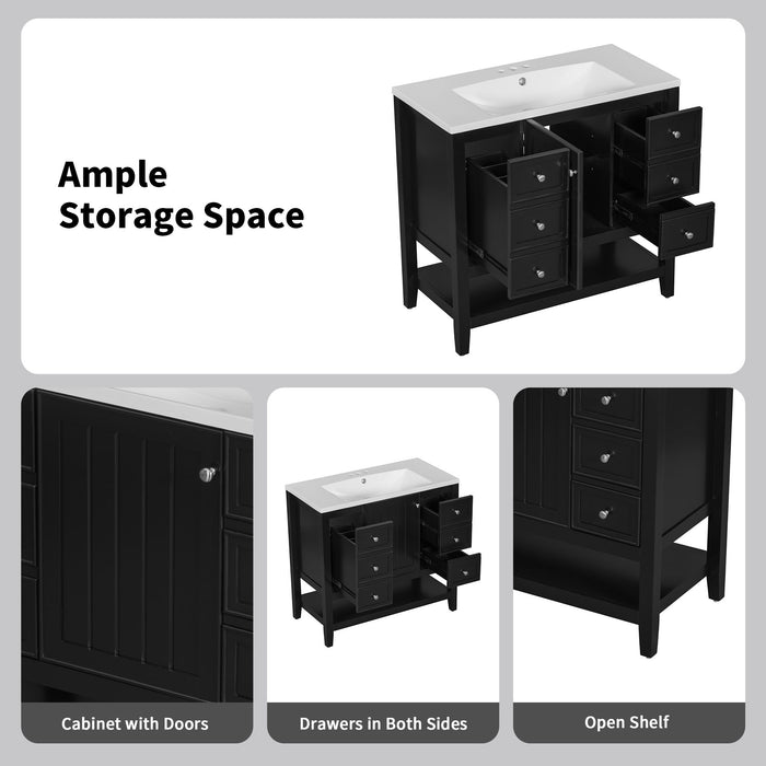 36\" Bathroom Vanity with Sink Combo, One Cabinet and Three Drawers, Solid Wood and MDF Board